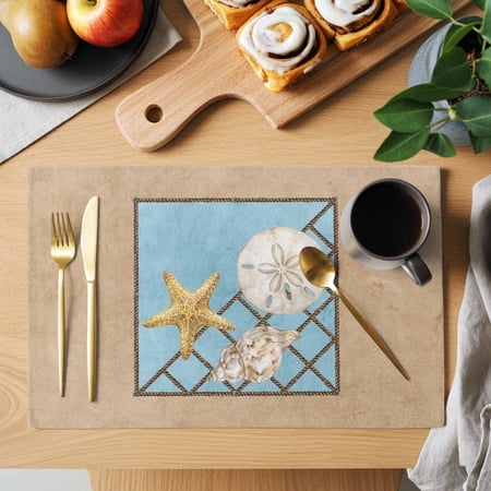 Summer Marine Life Placemats Set of 2, Coastal Starfish Ocean Conch Rope Border Heat Insulated Linen Place Mats, Washable Stain-Proof Table Mats for Dining Tables Holiday Decor 13x19 Inches