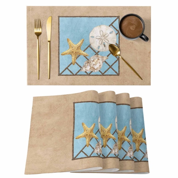 Summer Marine Life Placemats Set of 1 Coastal Starfish Ocean Conch Rope Border Heat Insulation Washable Place Mats, Rustic Non-Slip Table Mats for Dining Table Party Kitchen Decor,13x19 Inch