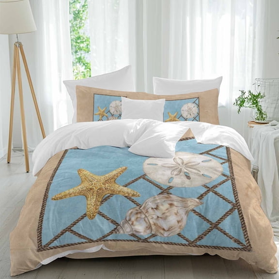 Summer Marine Life Queen Size Comforter Set, Coastal Starfish Ocean Conch Rope Border Bedding for All Seasons, 4 Pcs Bed Set, 1Quiltcover (90"x92") ,1Sheet(94"x116"), 2Pillowcases (30"x20")