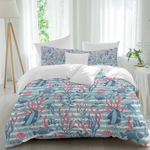 Summer Marine Life Queen Size Comforter Set, Coral Jellyfish Fish Green Stripe Bedding for All Seasons, 4 Pcs Bed Set, 1Quiltcover (90"x92") ,1Sheet(94"x116"), 2Pillowcases (30"x20")