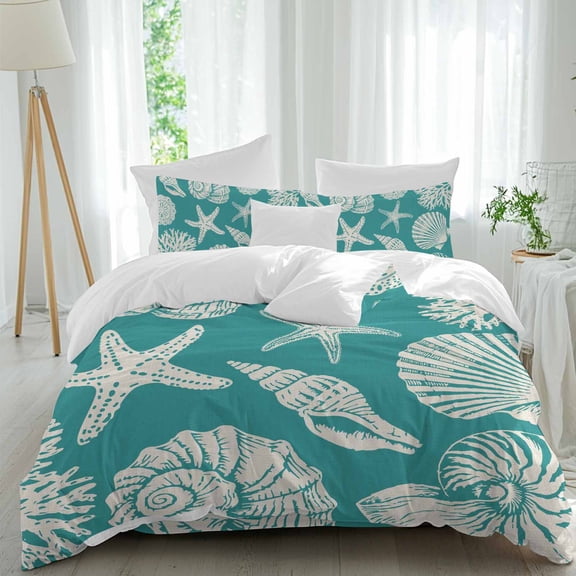 Summer Marine Life Queen Size Comforter Set, Graffiti Coral Shell Conch Sea Starfish Teal Bedding for All Seasons, 4 Pcs Bed Set, 1Quiltcover (90"x92") ,1Sheet(94"x116"), 2Pillowcases (30"x20")
