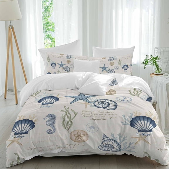 Summer Marine Life Queen Size Comforter Set, Graffiti Starfish Conch Seahorse Vintage Seaweed Bedding for All Seasons, 4 Pcs Bed Set, 1Quiltcover (90"x92") ,1Sheet(94"x116"), 2Pillowcases (30"x20")