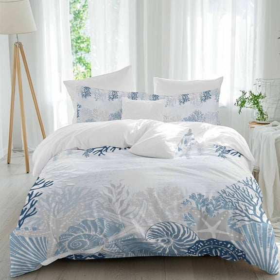 Summer Marine Life Queen Size Comforter Set, Ocean Coral Coastal Starfish Sand Dollar Bedding for All Seasons, 4 Pcs Bed Set, 1Quiltcover (90"x92") ,1Sheet(94"x116"), 2Pillowcases (30"x20")