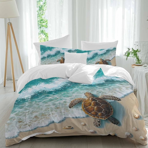 Summer Marine Life Queen Size Comforter Set, Ocean Cute Sea Turtles Watercolor Wave Coastal Bedding for All Seasons, 4 Pcs Bed Set, 1Quiltcover (90"x92") ,1Sheet(94"x116"), 2Pillowcases (30"x20")