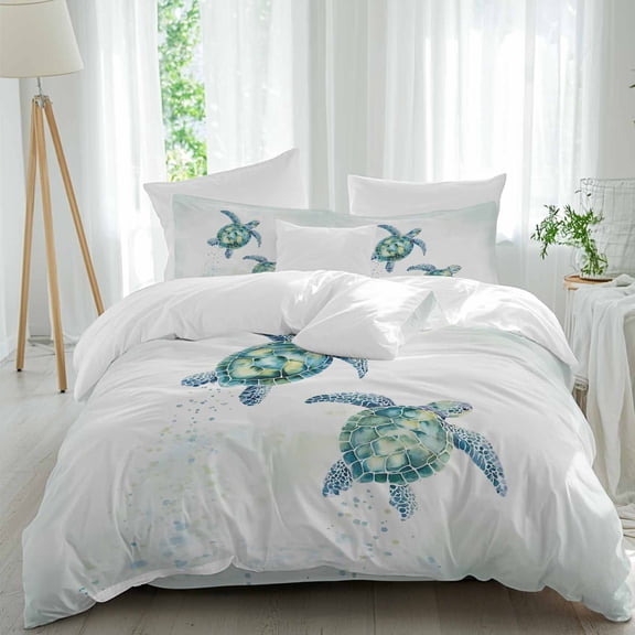 Summer Marine Life Queen Size Comforter Set, Ocean Pair Sea Turtle Water Splash Coastal Bedding for All Seasons, 4 Pcs Bed Set, 1Quiltcover (90"x92") ,1Sheet(94"x116"), 2Pillowcases (30"x20")