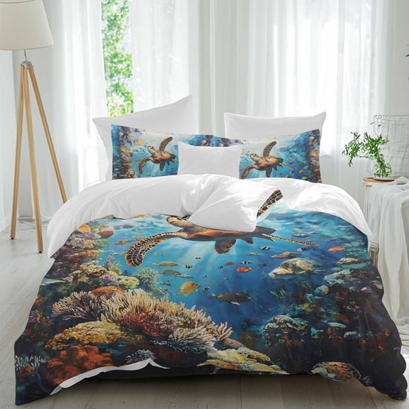 Summer Marine Life Queen Size Comforter Set, Ocean Turtle Shark Coral Bedding for All Seasons, 4 Pcs Bed Set, 1Quiltcover (90"x92") ,1Sheet(94"x116"), 2Pillowcases (30"x20")