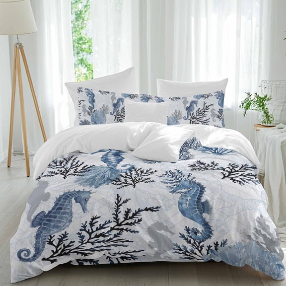 Summer Marine Life Queen Size Comforter Set, Ocean Watercolor Seahorse Coastal Corals Bedding for All Seasons, 4 Pcs Bed Set, 1Quiltcover (90"x92") ,1Sheet(94"x116"), 2Pillowcases (30"x20")
