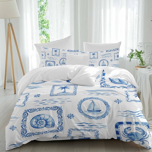 Summer Marine Life Queen Size Comforter Set, Watercolor Stamp Ocean Wave Coastal Crab Sailboat Bedding for All Seasons, 4 Pcs Bed Set, 1Quiltcover (90"x92") ,1Sheet(94"x116"), 2Pillowcases (30"x20")