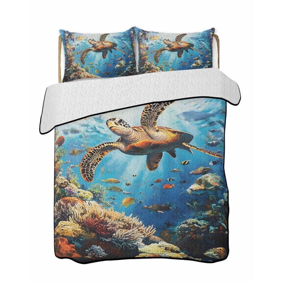 Summer Marine Life Quilts Bedding Set King Size Ocean Turtle Shark Coral Lightweight Quilted Bedspread 3 Piece Bed Quilt with 2 Pillow Shams All Season for Bedroom 90" x 96"