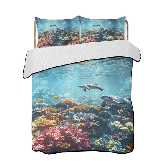 Summer Marine Life Quilts Bedding Set Twin Size Ocean Turtles Corals Shark Lightweight Quilted Bedspread 3 Piece Bed Quilt with 2 Pillow Shams All Season for Bedroom 68" x 86"