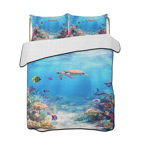 Summer Marine Life Quilts Bedding Set Twin Size Ocean Turtles Shark Corals Lightweight Quilted Bedspread 3 Piece Bed Quilt with 2 Pillow Shams All Season for Bedroom 68" x 86"
