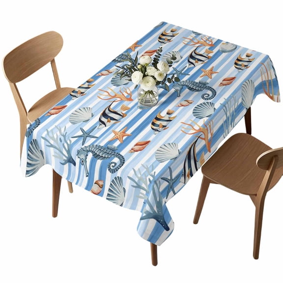 Summer Marine Life Rectangle Tablecloth Seahorses Corals Tropical Fish Blue Striped Waterproof Wrinkle Free Soft Table Cloth Spill-Proof Washable Table Cover for Dining Party Picnic 52 x 70 Inch