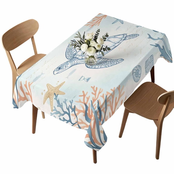 Summer Marine Life Rectangle Tablecloth Watercolor Coral Sea Turtle Cute Starfish Waterproof Wrinkle Free Soft Table Cloth Spill-Proof Washable Table Cover for Dining Party Picnic 60 x 84 Inch