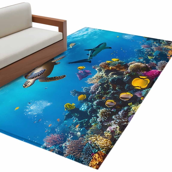 Summer Marine Life Rectangle Area Rug 4x6 ft Modern Turtle Shark Coral Fish Washable Rugs for Living Room, Non Slip Soft Carpet for Bedroom Entryway Dining Room