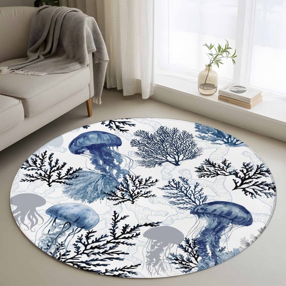 Summer Marine Life Round Area Rugs 3 ft, Ocean Watercolor Jellyfish Coastal Coral Washable Small Area Rug with Non-Slip Sturdy Edge Binding Round Front Door Mat Floor Carpet for Entryway
