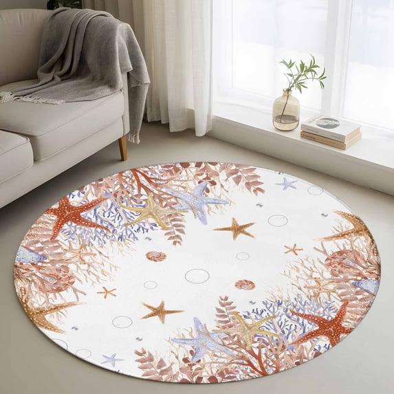 Summer Marine Life Round Area Rugs 3 ft, Watercolor Orange Starfish Ocean Bubble Washable Small Area Rug with Non-Slip Sturdy Edge Binding Round Front Door Mat Floor Carpet for Entryway