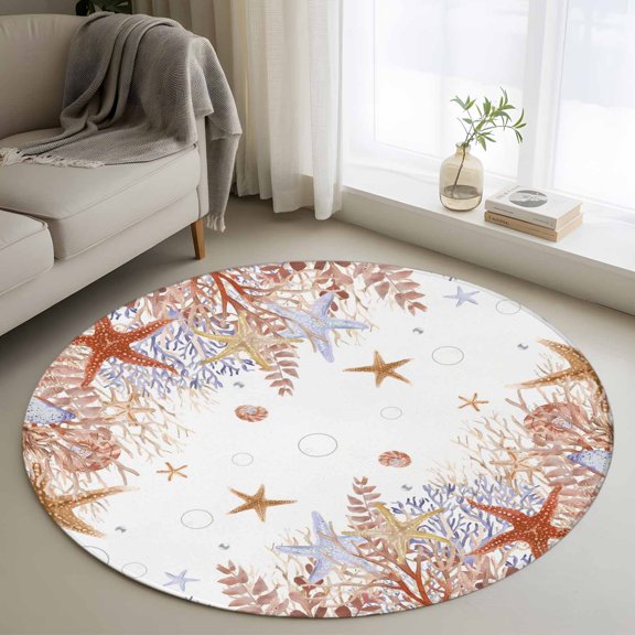 Summer Marine Life Round Area Rugs 3 ft, Watercolor Orange Starfish Ocean Bubble Washable Small Area Rug with Non-Slip Sturdy Edge Binding Round Front Door Mat Floor Carpet for Entryway