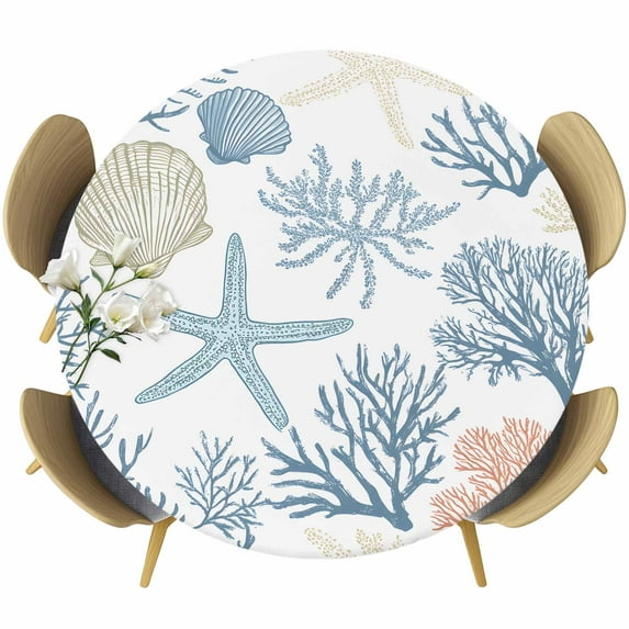 Summer Marine Life Round Fitted Table Cover Ocean Coral Starfish Art Line Waterproof Table Cloth with Elastic Edge Wipeable Tablecloth for Picnic Camping Party Fits 55"-60" Diameter
