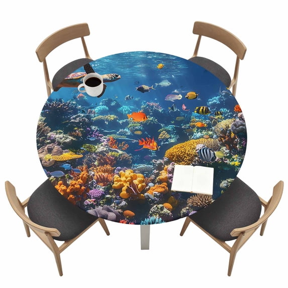 Summer Marine Life Round Fitted Tablecloth with Elastic Edge Modern Shark Turtle Coral Table Cover Fit for 36"-44" Tables Waterproof Tablecloths for Dinner Camping Picnic