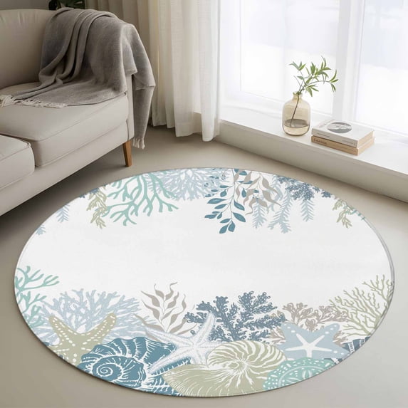 Summer Marine Life Round Living Room Rugs 3.3 ft, Ocean Corals Coastal Starfish Teal Sand Dollar Washable Area Rug with Non-Slip Sturdy Edge Binding Round Front Door Mat Floor Carpet for Entryway
