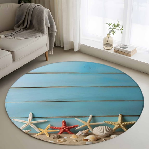 Summer Marine Life Round Living Room Rugs 3.3 ft, Realistic Ocean Starfish Conch Blue Wood Grain Washable Area Rug with Non-Slip Sturdy Edge Binding Round Front Door Mat Floor Carpet for Entryway