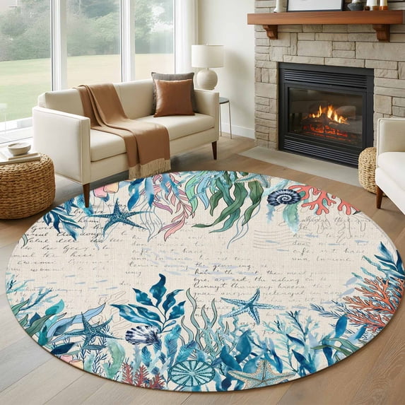 Summer Marine Life Round Living Room Rugs 5 ft, Ocean Starfish Coral Green Seaweeds Letter Print Washable Area Rug with Non-Slip Sturdy Edge Binding Round Carpet for Entryway Kitchen Bedroom Bathroom