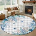 thumbnail image 1 of Summer Marine Life Round Living Room Rugs 5 ft, Watercolor Blue Starfish Ocean Bubble Gray Plaid Washable Area Rug with Non-Slip Sturdy Edge Binding Round Carpet for Entryway Kitchen Bedroom Bathroom, 1 of 9