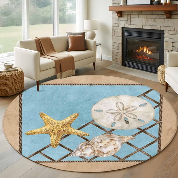 Summer Marine Life Round Living Room Rugs 6 ft, Coastal Starfish Ocean Conch Rope Border Washable Area Rug with Non-Slip Sturdy Edge Binding Round Carpet for Kitchen Office Bedroom