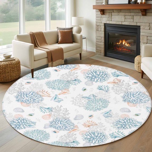 Summer Marine Life Round Living Room Rugs 6 ft, Ocean Blue Coral Shells Coastal Conch Washable Area Rug with Non-Slip Sturdy Edge Binding Round Carpet for Kitchen Office Bedroom
