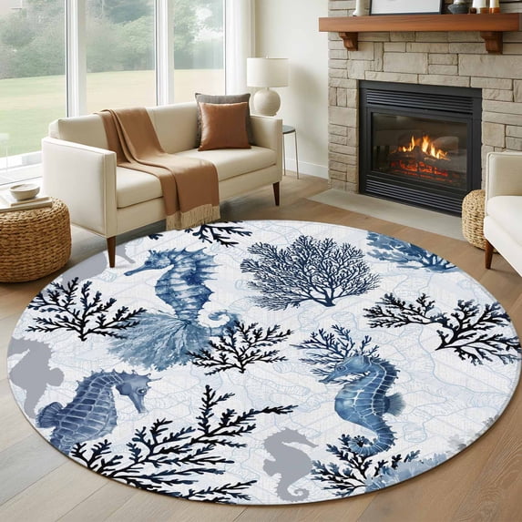 Summer Marine Life Round Living Room Rugs 7 ft, Ocean Watercolor Seahorse Coastal Corals Washable Area Rug with Non-Slip Sturdy Edge Binding Round Carpet for Kitchen Office Bedroom