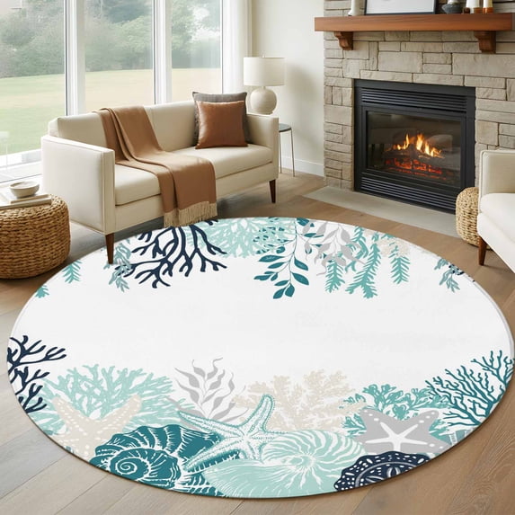 Summer Marine Life Round Living Room Rugs 8 ft, Ocean Coral Teal Coastal Starfish Blue Conch Washable Large Area Rug with Non-Slip Sturdy Edge Binding Round Carpet for Dining Room Kitchen Office
