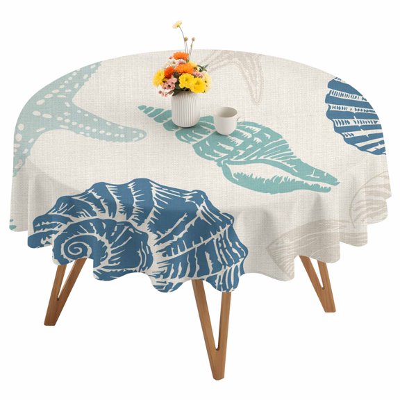 Summer Marine Life Round Tablecloth 54 inches Graffiti Blue Corals Shell Conch Sea Starfish Linen Waterproof Oil-Proof Table Cloth Round Table Cover for Holiday Party Picnic Dinner Decor