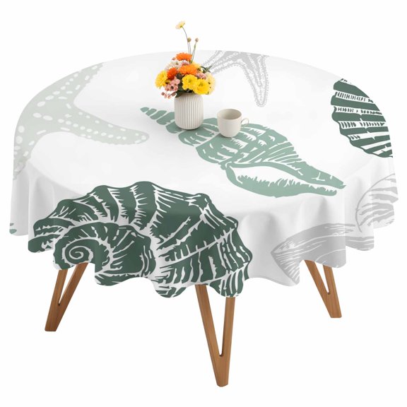 Summer Marine Life Round Tablecloth 54 inches Graffiti Coral Shell Conch Cute Starfish Waterproof Oil-Proof Table Cloth Round Table Cover for Holiday Party Picnic Dinner Decor Indoor and Outdoor Use