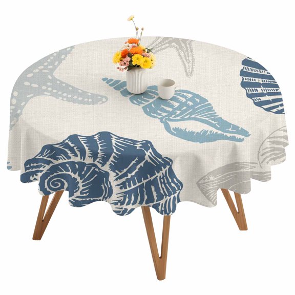 Summer Marine Life Round Tablecloth 54 inches Graffiti Coral Shell Conch Sea Blue Starfish Linen Waterproof Oil-Proof Table Cloth Round Table Cover for Holiday Party Picnic Dinner Decor