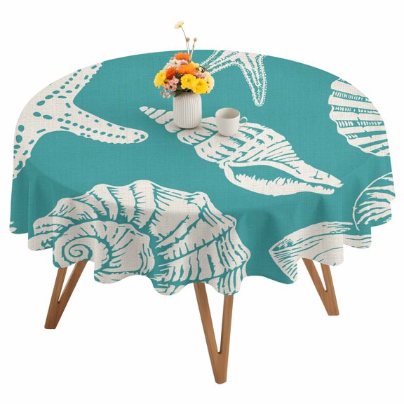 Summer Marine Life Round Tablecloth 54 inches Graffiti Coral Shell Conch Sea Starfish Teal Waterproof Oil-Proof Table Cloth Round Table Cover for Holiday Party Picnic Dinner Decor Indoor Outdoor Use