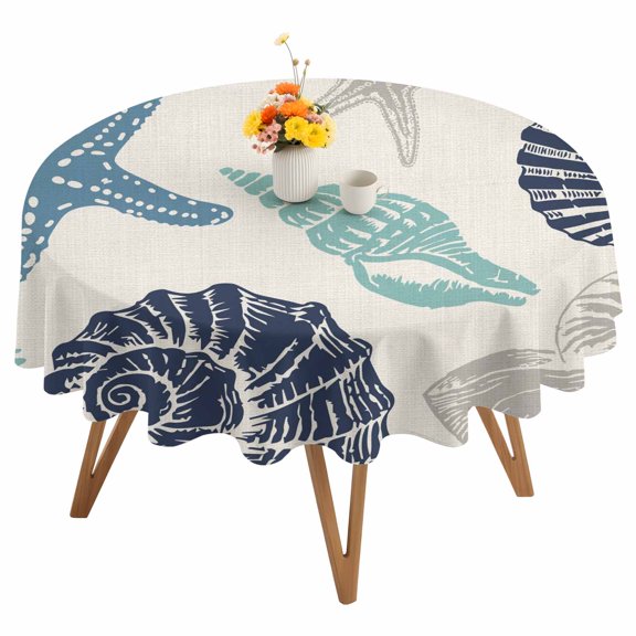 Summer Marine Life Round Tablecloth 54 inches Graffiti Corals Shell Conch Sea Blue Starfish Linen Waterproof Oil-Proof Table Cloth Round Table Cover for Holiday Party Picnic Dinner Decor