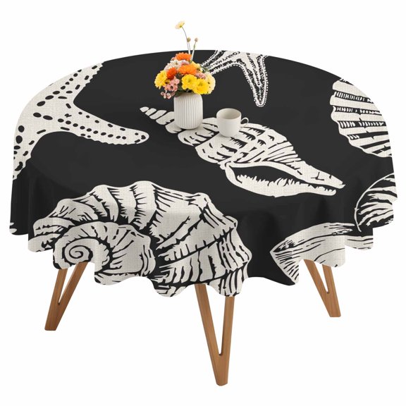Summer Marine Life Round Tablecloth 54 inches Graffiti Corals Shell Conch Sea Starfish Black Waterproof Oil-Proof Table Cloth Round Table Cover for Holiday Party Picnic Dinner Decor Indoor Outdoor