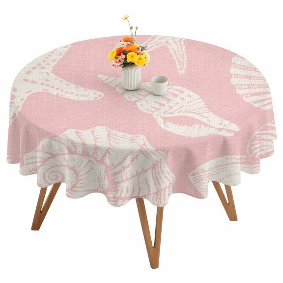 Summer Marine Life Round Tablecloth 54 inches Graffiti Corals Shell Conch Sea Starfish Pink Waterproof Oil-Proof Table Cloth Round Table Cover for Holiday Party Picnic Dinner Decor Indoor Outdoor Use