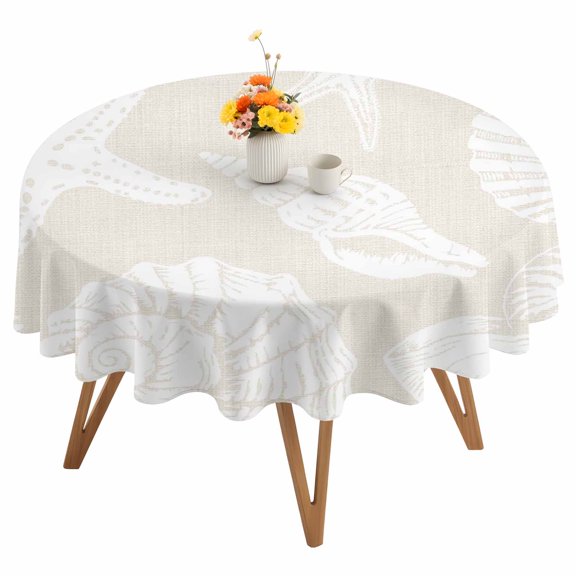 Summer Marine Life Round Tablecloth 54 inches Graffiti Corals Shell Conch Sea Starfish Retro Waterproof Oil-Proof Table Cloth Round Table Cover for Holiday Party Picnic Dinner Decor Indoor Outdoor