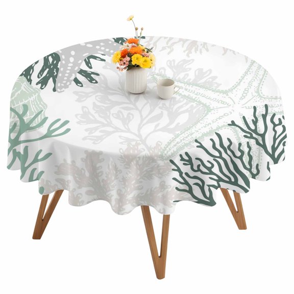 Summer Marine Life Round Tablecloth 54 inches Graffiti Corals Shell Sea Conch Starfish Gray Waterproof Oil-Proof Table Cloth Round Table Cover for Holiday Party Picnic Dinner Decor Indoor Outdoor Use