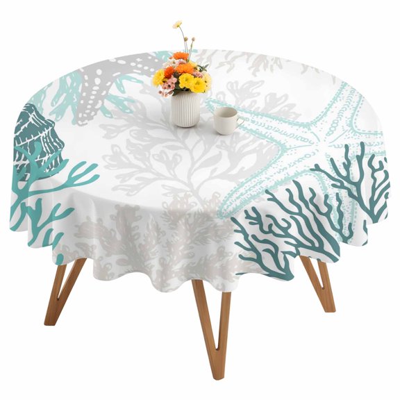 Summer Marine Life Round Tablecloth 54 inches Graffiti Gray Corals Shell Sea Conch Starfish Waterproof Oil-Proof Table Cloth Round Table Cover for Holiday Party Picnic Dinner Decor Indoor Outdoor Use