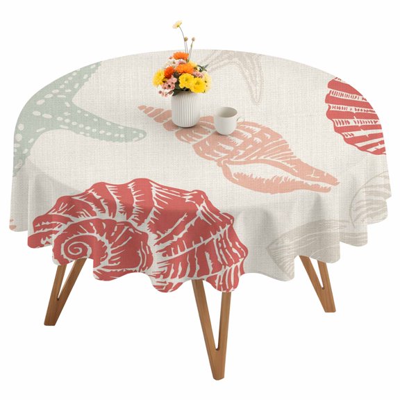 Summer Marine Life Round Tablecloth 54 inches Graffiti Red Corals Shell Conch Sea Starfish Linen Waterproof Oil-Proof Table Cloth Round Table Cover for Holiday Party Picnic Dinner Decor