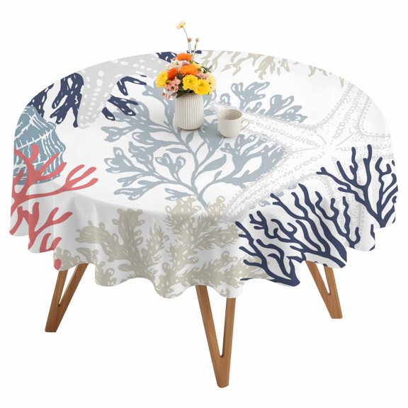 Summer Marine Life Round Tablecloth 54 inches Graffiti Red Corals Shell Conch Sea Starfish Waterproof Oil-Proof Table Cloth Round Table Cover for Holiday Party Picnic Dinner Decor Indoor Outdoor Use
