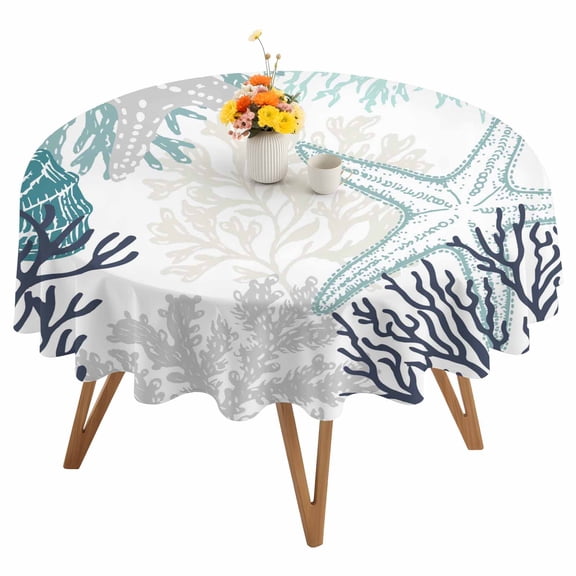 Summer Marine Life Round Tablecloth 54 inches Graffiti Teal Corals Shell Sea Conch Starfish Waterproof Oil-Proof Table Cloth Round Table Cover for Holiday Party Picnic Dinner Decor Indoor Outdoor Use