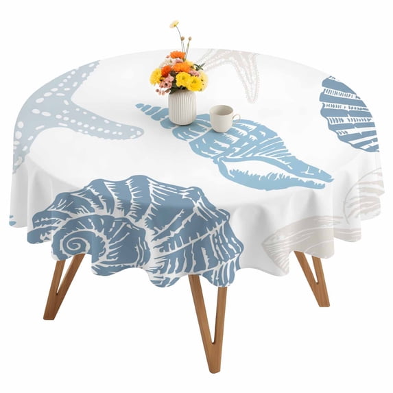 Summer Marine Life Round Tablecloth 60 inches Graffiti Corals Blue Shell Conch Sea Starfish Waterproof Oil-Proof Table Cloth Round Table Cover for Holiday Party Picnic Dinner Decor Indoor Outdoor Use