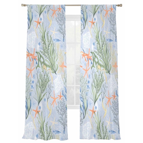 Summer Marine Life Sheer Curtains 108 Inch Long 2 Panels, Blue Starfish Coral Shell Light Filtering Rod Pocket Curtains, Sheer Voile Drapes for Living Room Bedroom, 52"x108"