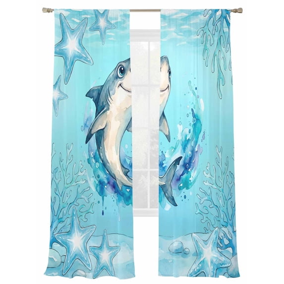 Summer Marine Life Sheer Curtains 2 Panels Set Cartoon Sharks Watercolor Blue Starfish Corals Sheer Window Curtains Light Filtering Rod Pocket Voile Drapes for Bedroom Living Room 52"X108"