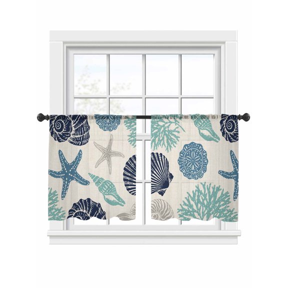 Summer Marine Life Sheer Curtains 2 Panels Set Graffiti Corals Shell Conch Sea Blue Starfish Linen Sheer Window Curtains Light Filtering Rod Pocket Voile Drapes for Bedroom Living Room 52"x54"