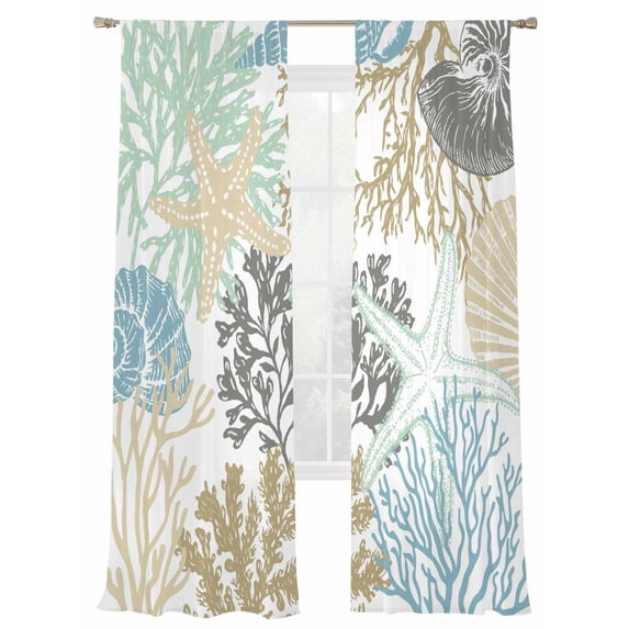 Summer Marine Life Sheer Curtains 2 Panels Set Graffiti Corals Shell Sea Conch Starfish Colorful Sheer Window Curtains Light Filtering Rod Pocket Voile Drapes for Bedroom Living Room 52"X108"
