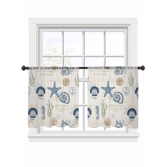 Summer Marine Life Sheer Curtains 2 Panels Set Graffiti Starfish Conch Seahorse Vintage Seaweed Sheer Window Curtains Light Filtering Rod Pocket Voile Drapes for Bedroom Living Room 52"x45"